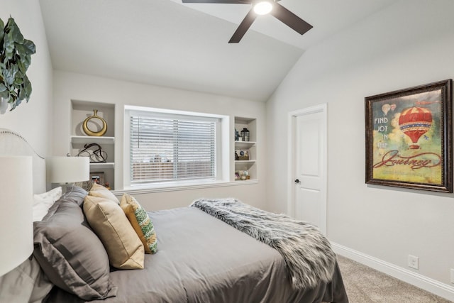 bedroom featuring vaulted ceiling, ceiling fan, carpet flooring, and baseboards