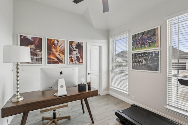 office space featuring ceiling fan and light hardwood / wood-style flooring