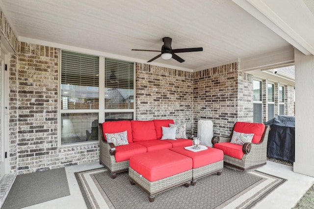 view of patio / terrace featuring ceiling fan, area for grilling, and an outdoor hangout area