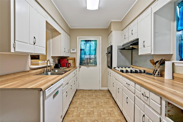 kitchen with crown molding, white cabinets, sink, and white appliances