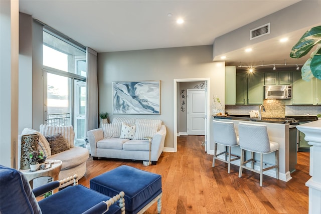 living room with hardwood / wood-style flooring and rail lighting