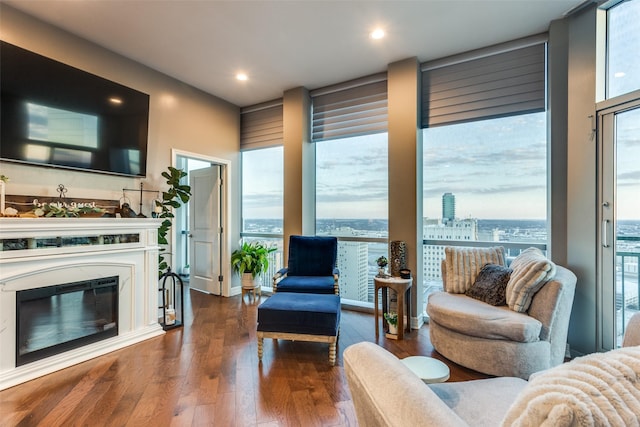 living room with plenty of natural light, a high end fireplace, and hardwood / wood-style floors