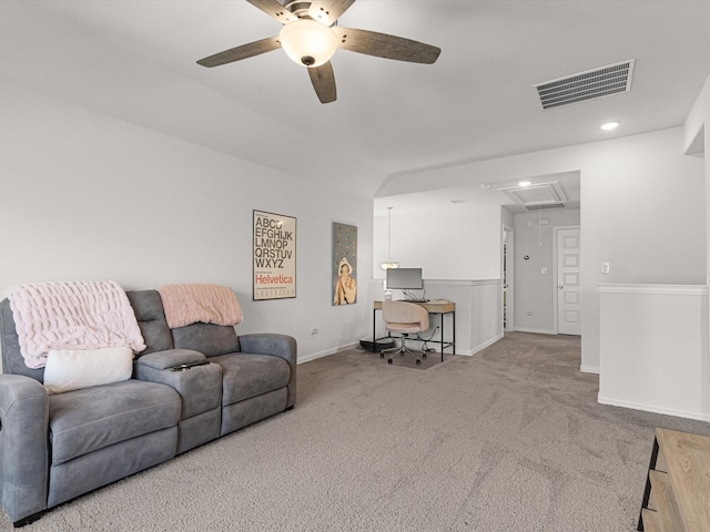 living room featuring ceiling fan, lofted ceiling, and carpet flooring