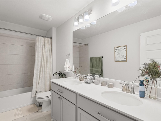 full bathroom featuring toilet, vanity, shower / tub combo, and tile patterned flooring