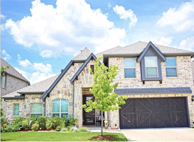 view of front of property with a front yard and a garage