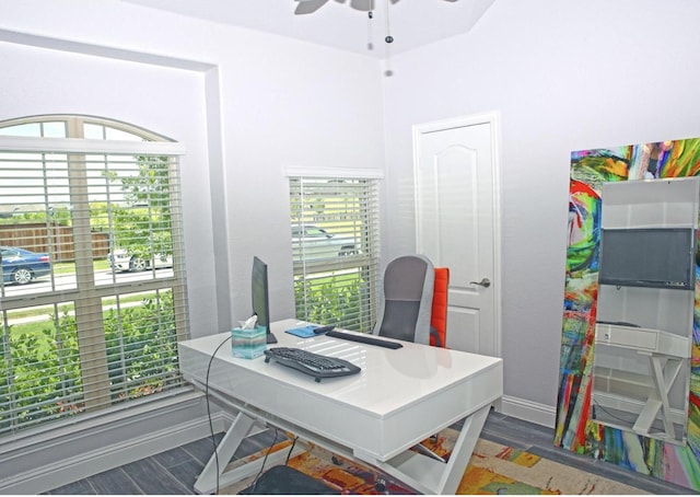 office area with ceiling fan and dark hardwood / wood-style flooring