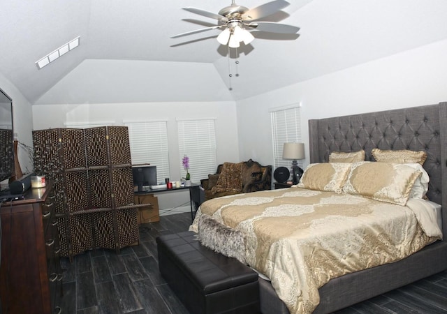 bedroom featuring ceiling fan and vaulted ceiling