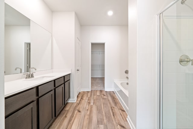 bathroom with wood-type flooring, vanity, and plus walk in shower