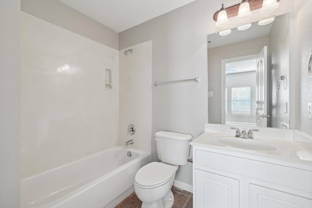 full bathroom featuring toilet, vanity, and shower / tub combination