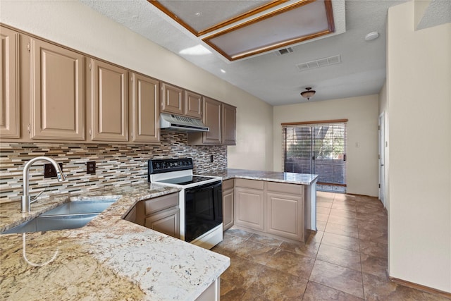 kitchen with range with electric stovetop, kitchen peninsula, backsplash, light stone counters, and sink