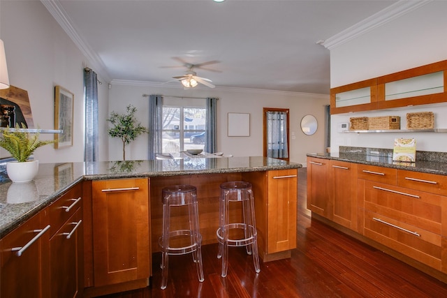 kitchen featuring dark hardwood / wood-style floors, crown molding, and dark stone countertops