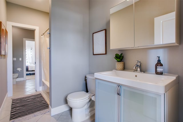 full bathroom with toilet, vanity, shower / bath combo, and tile patterned flooring