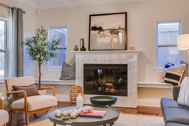 living area with wood-type flooring, crown molding, and a premium fireplace