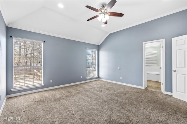 spare room with ornamental molding, lofted ceiling, and carpet floors