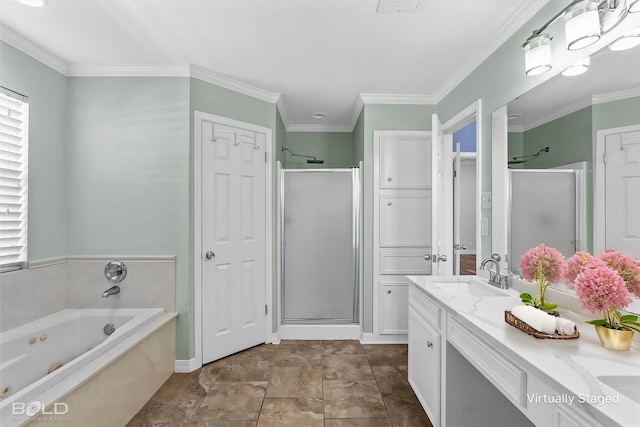 bathroom featuring vanity, separate shower and tub, and crown molding