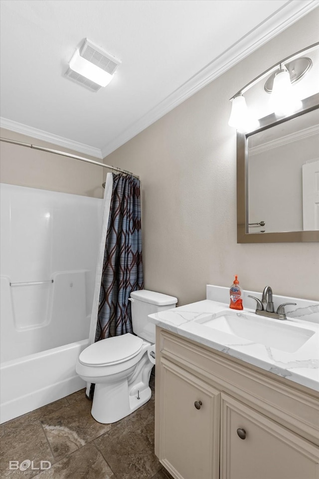 full bathroom with crown molding, vanity, toilet, and shower / bath combo