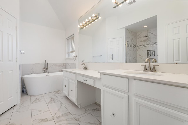 bathroom with plus walk in shower, vaulted ceiling, and vanity