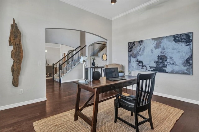 office area featuring dark wood-type flooring and ornamental molding