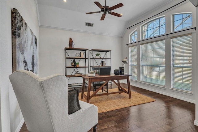 office space with ceiling fan, a wealth of natural light, and dark hardwood / wood-style flooring