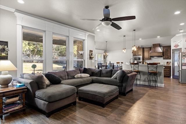 living room featuring a ceiling fan, recessed lighting, and dark wood-style floors