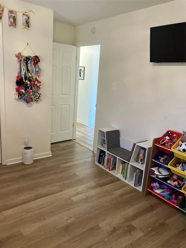 game room with wood-type flooring