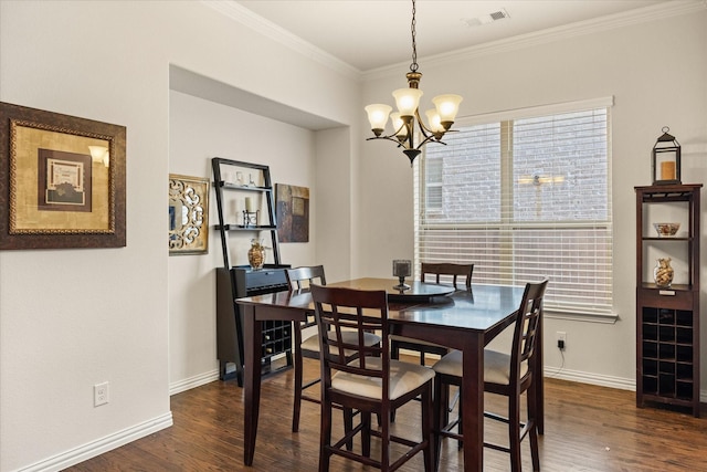 dining space with a healthy amount of sunlight, a notable chandelier, ornamental molding, and dark hardwood / wood-style floors