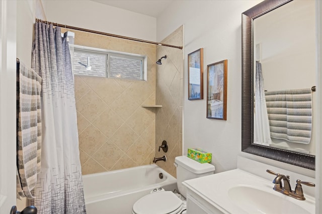 full bathroom with toilet, shower / bath combo, and vanity