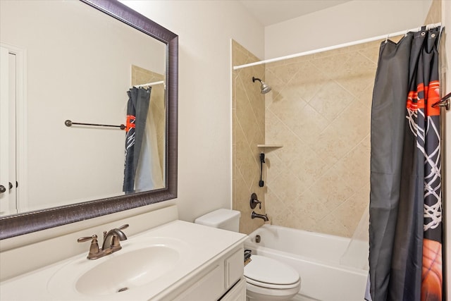 full bathroom featuring toilet, vanity, and shower / bath combination with curtain