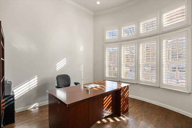 office space with dark wood-type flooring and ornamental molding