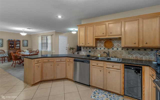 kitchen with kitchen peninsula, light tile patterned flooring, wine cooler, dishwasher, and sink