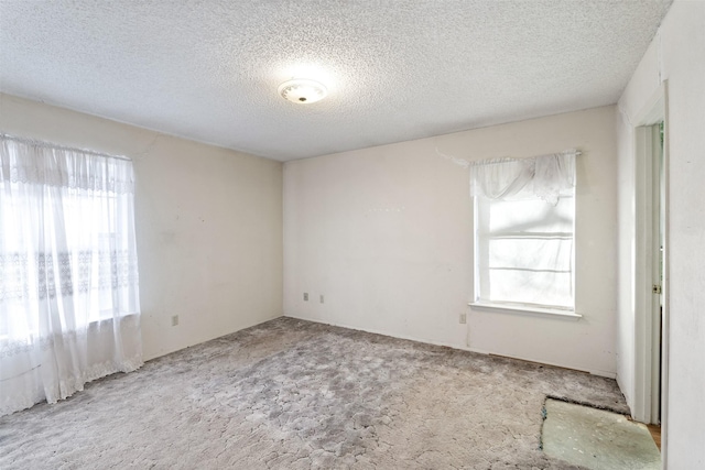 unfurnished room with a textured ceiling, light carpet, and a healthy amount of sunlight