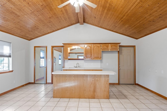 kitchen with sink, lofted ceiling with beams, wood ceiling, and a kitchen island