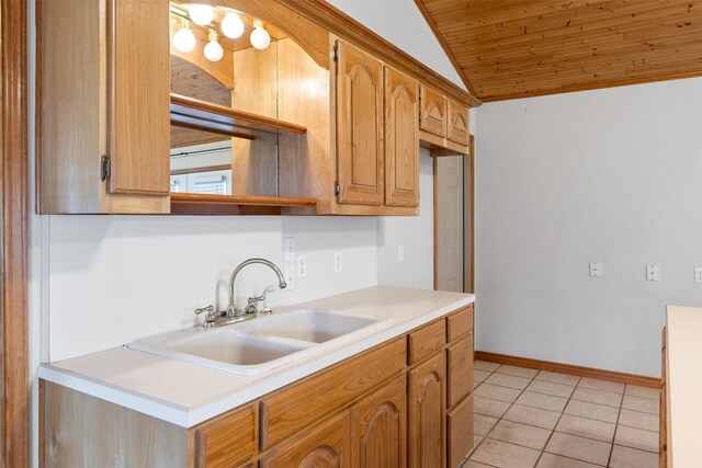 kitchen featuring french doors, lofted ceiling with beams, a wall unit AC, wooden ceiling, and light tile patterned floors