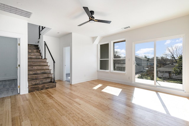 unfurnished living room featuring ceiling fan, plenty of natural light, and light wood-type flooring