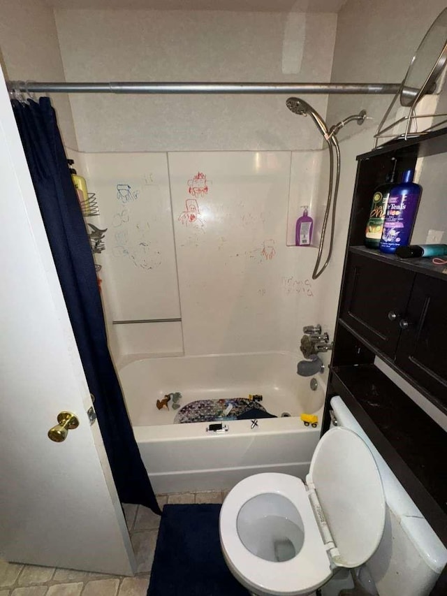 bathroom with toilet, shower / bathtub combination with curtain, and tile patterned floors