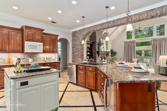 9356 Dogwood Trl, Haughton, LA 71037 - kitchen with stainless steel appliances, arched walkways, a sink, light tile patterned flooring, and visible vents