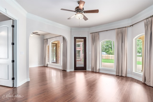 foyer with ceiling fan, dark hardwood / wood-style flooring, and ornamental molding