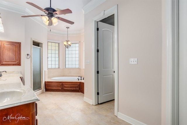 bathroom with shower with separate bathtub, crown molding, ceiling fan with notable chandelier, and vanity