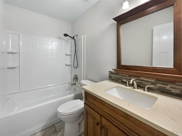 full bathroom with toilet, decorative backsplash, tile patterned flooring, shower / bathtub combination, and vanity