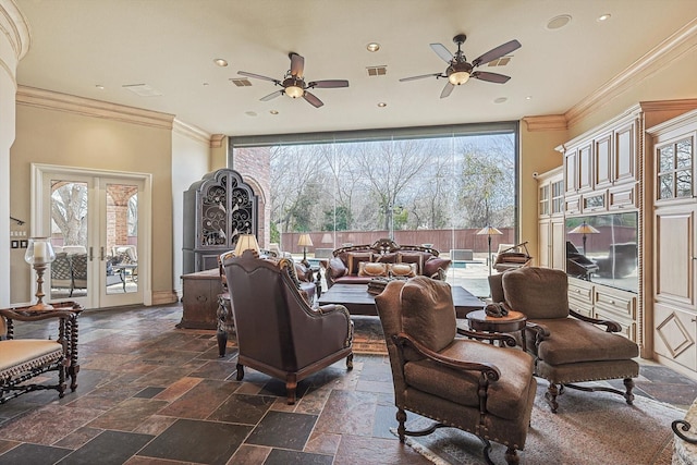 interior space with ceiling fan, visible vents, outdoor lounge area, and french doors