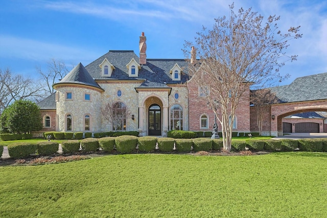 view of front of house featuring a garage and a front lawn