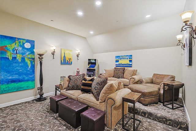 cinema room with lofted ceiling, baseboards, carpet flooring, and recessed lighting