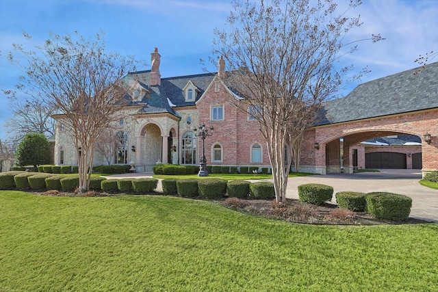 view of front facade with a chimney, curved driveway, a high end roof, a front lawn, and brick siding