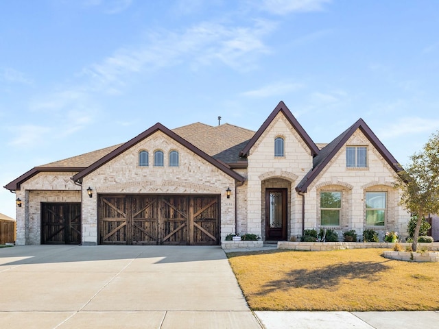 french country inspired facade with a garage