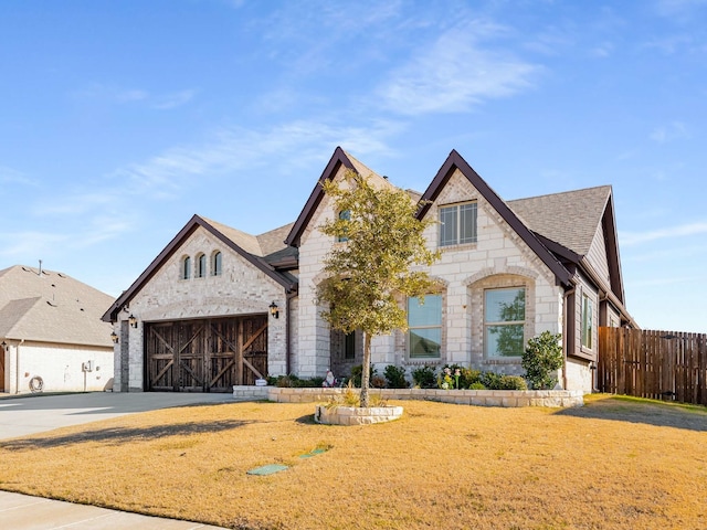 view of front of property with a front lawn and a garage