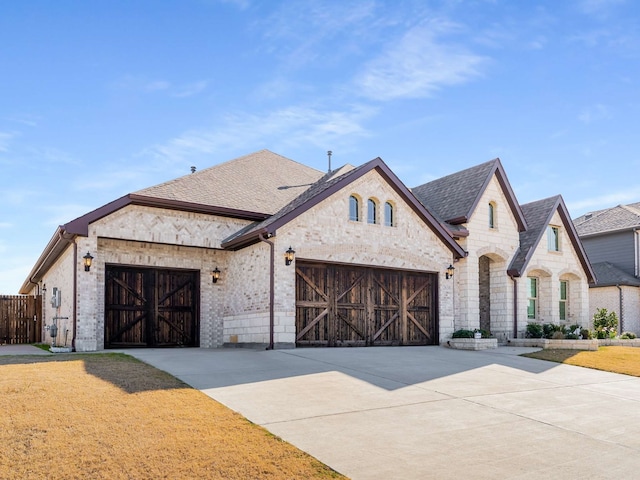 french country home featuring a front yard and a garage