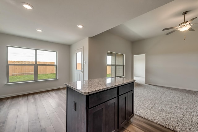 kitchen featuring ceiling fan, hardwood / wood-style floors, and light stone countertops