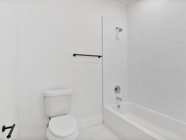 full bath featuring marble finish floor, baseboards, toilet, and shower / bathtub combination