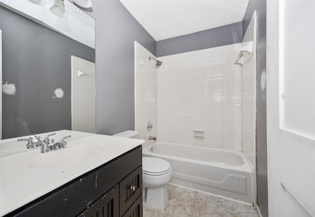 full bathroom with shower / bathtub combination, a textured ceiling, toilet, and vanity