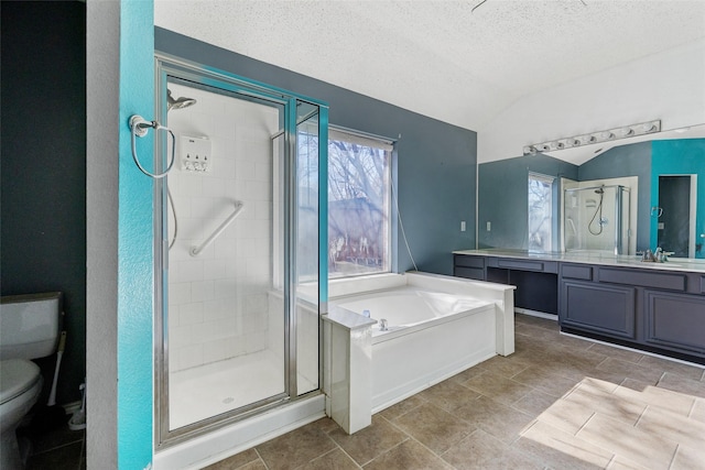 full bathroom featuring lofted ceiling, vanity, toilet, plus walk in shower, and a textured ceiling